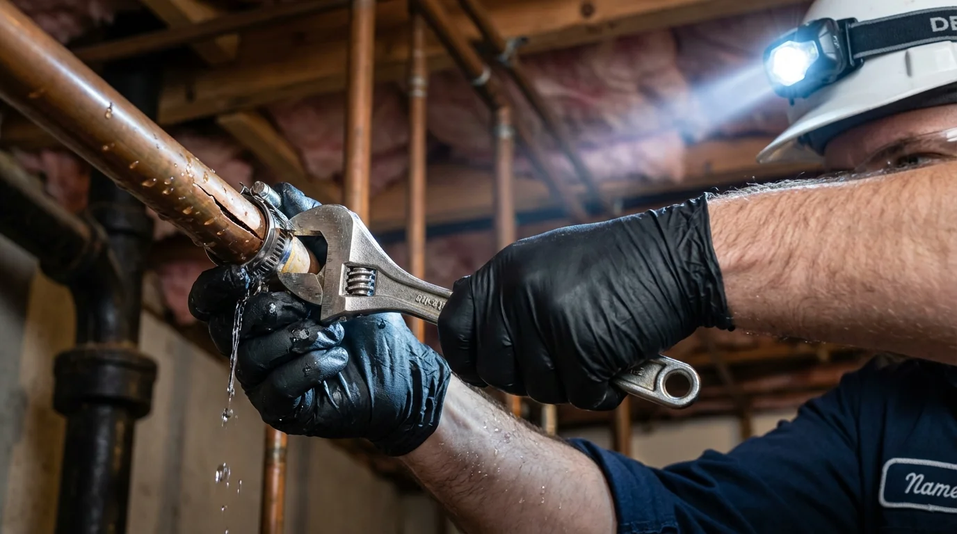 Emergency pipe clamp repair being performed by a Johns Plumbing LLC plumber in Enfield