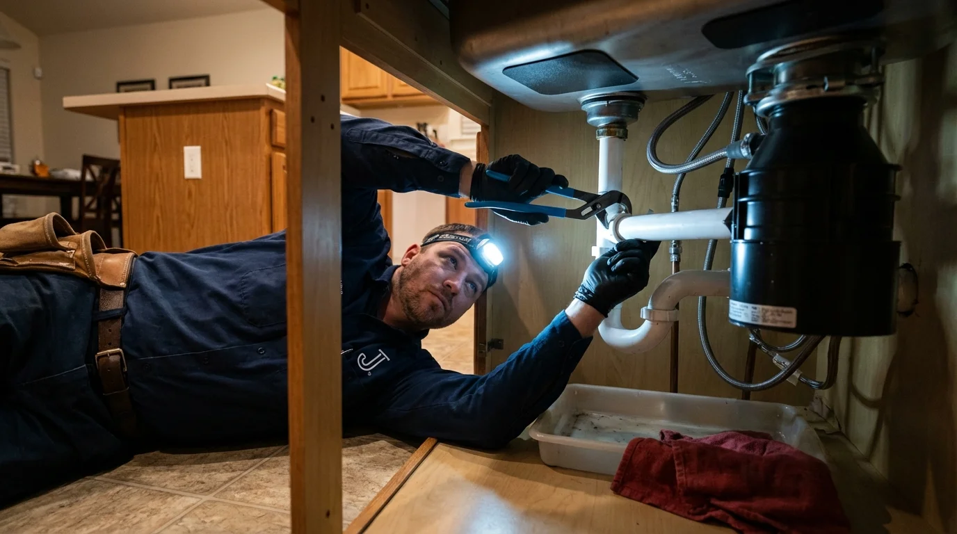 P-trap and supply line connections under a kitchen sink showing a common leak point in Enfield, NC